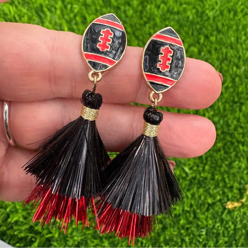 FOOTBALL TASSLE EARRINGS RED BLACK FALCONS CARDINALS KANSAS ARKANSAS GEORGIA